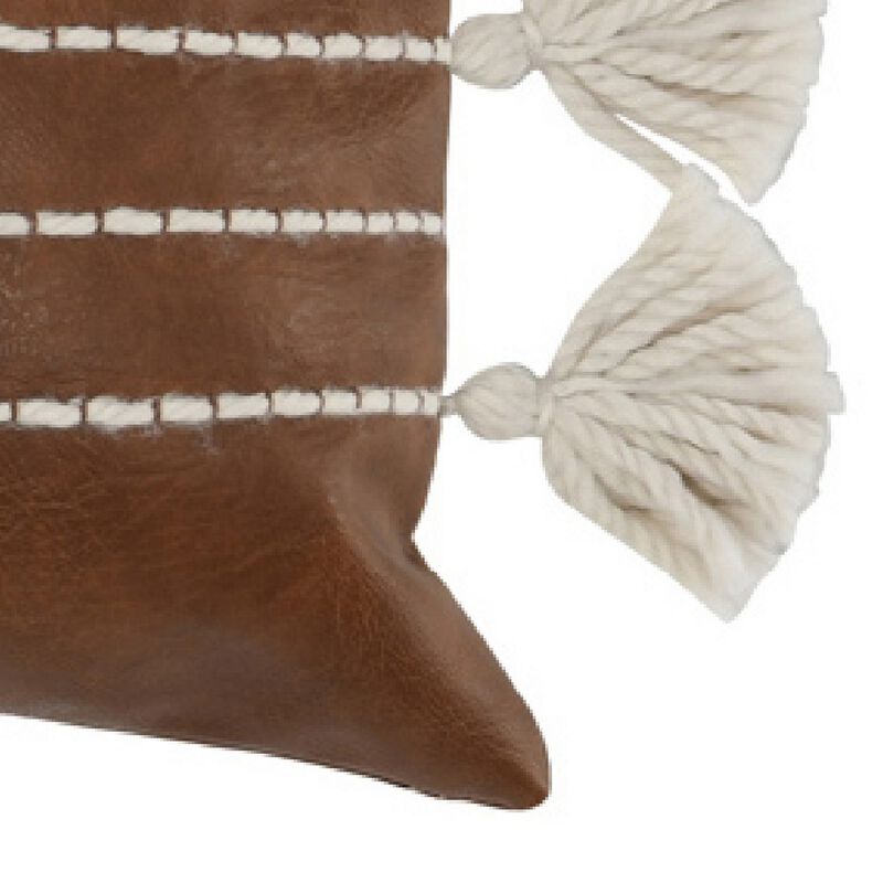 Karen 14 x 26 Lumbar Throw Pillow, Tassels, Dark Brown with White Stripes - Benzara