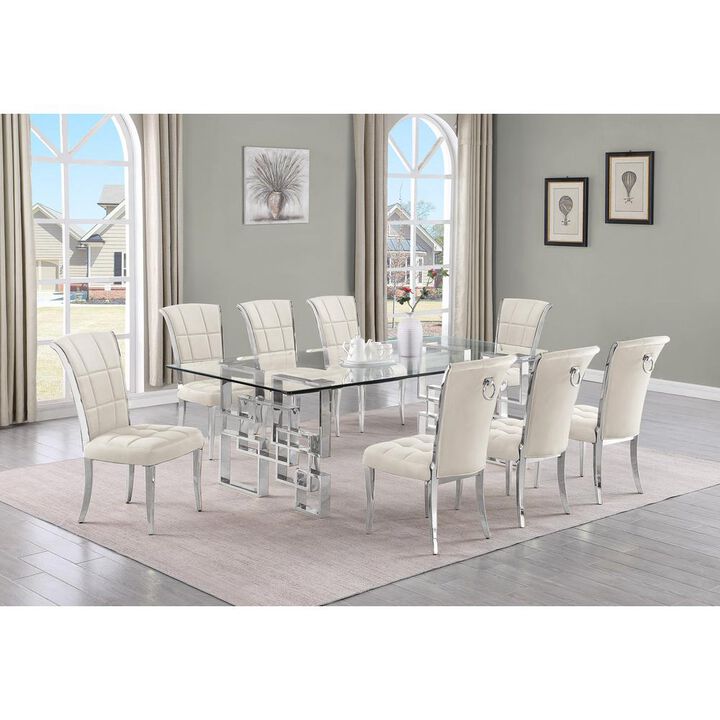 9-piece glam dining set with 8 cream chairs and r 95" long glass  table