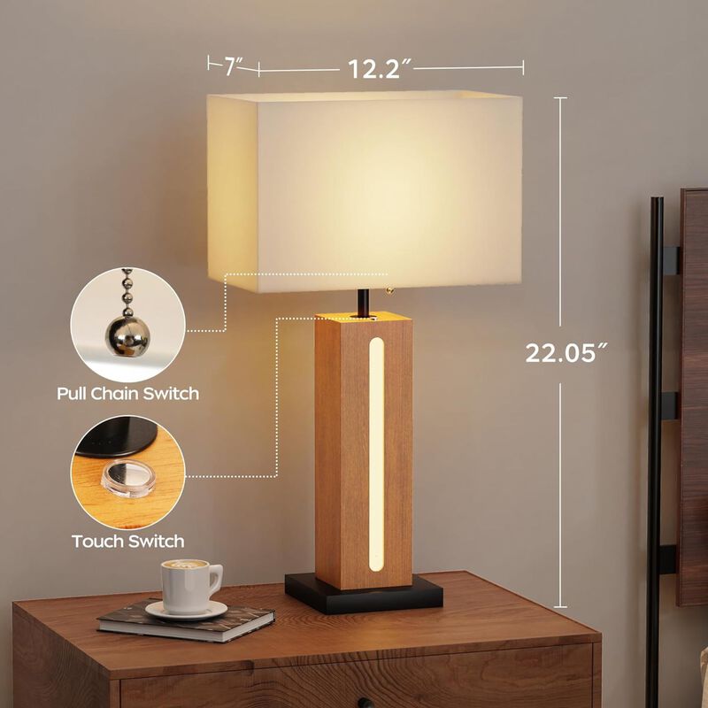 ELEMENT ACE Set of 2 Modern Dimmable Bedside Table Lamps with LED Nightlight, Rustic Farmhouse Nightstand Lamps with Linen Shades for Bedroom Living Room End Table image number 2