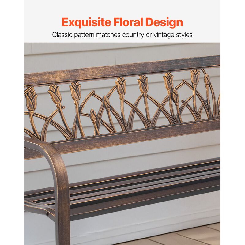 Antique Bronze Outdoor Bench with Floral Pattern, Metal Patio Garden Seating image number 6