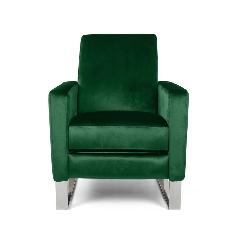 Reki Recliner Chair, Manual Push Back, Stainless Steel, Green Velvet - Benzara
