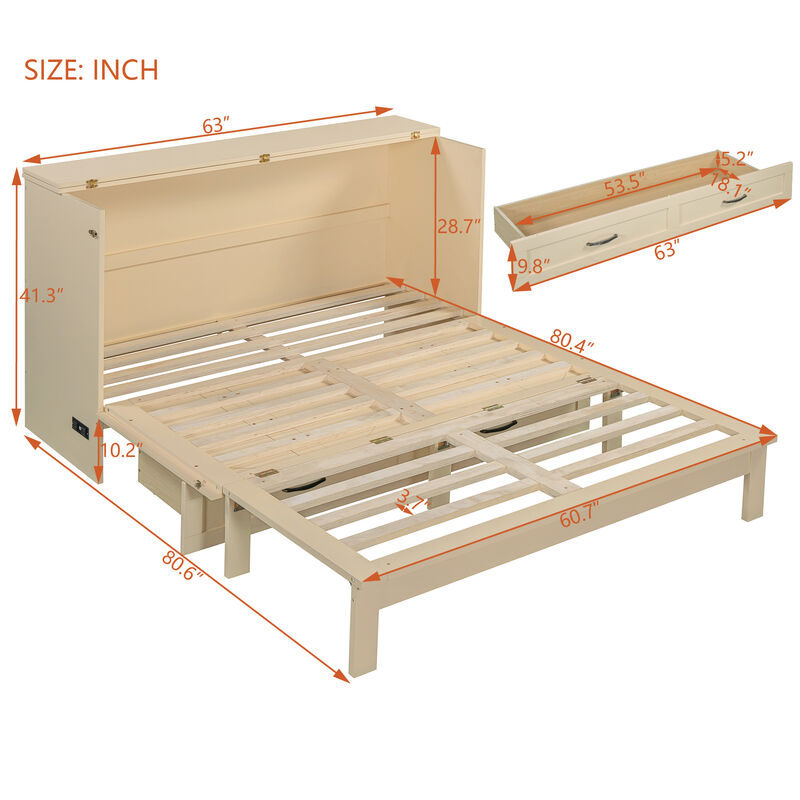 Whisen Modern Design Queen Size Murphy Bed, Folded into a Cabinet with Large Drawers