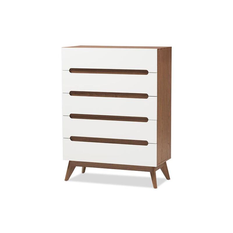 Baxton Studio Calypso Mid-Century Modern White and Walnut Wood 5-Drawer Storage Chest
