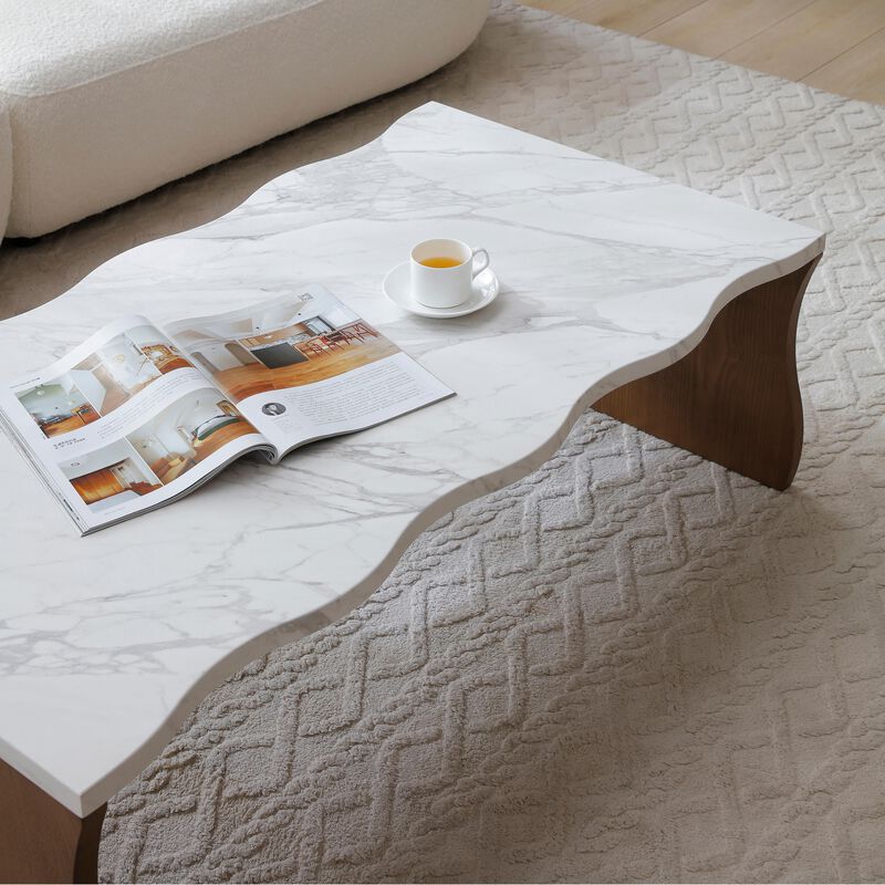 Whisper of Waves Modern Coffee Table with Faux Marble Top & Wood Tone Base image number 7