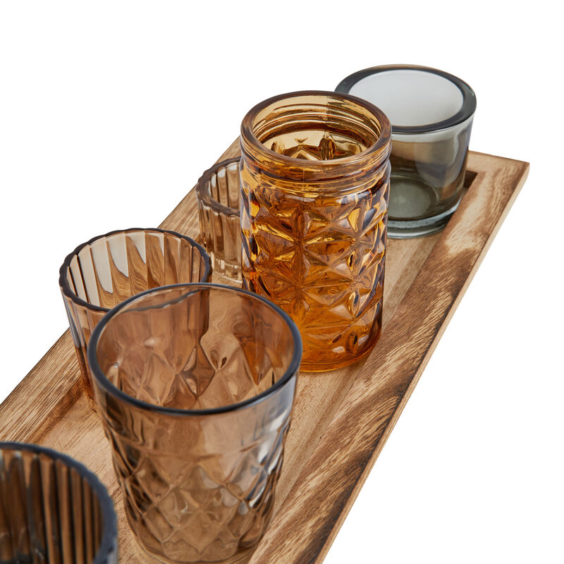 9‑Piece Round Glass Votive Holders on Solid Paulownia Wood Tray, Brown Rustic Finish image number 3