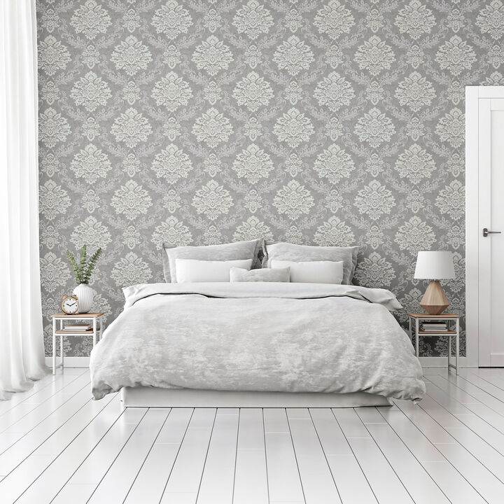 Harriet Silver Damask Wallpaper