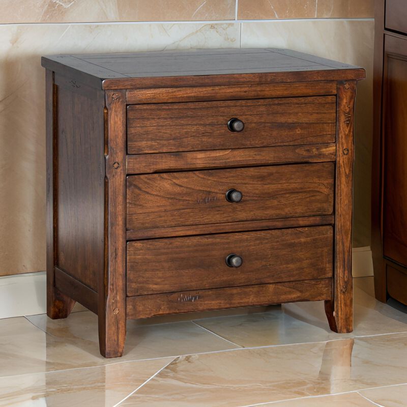 Odell Nightstand, 3 Drawers, Bronze, Rustic Dark Brown Solid Wood - Benzara