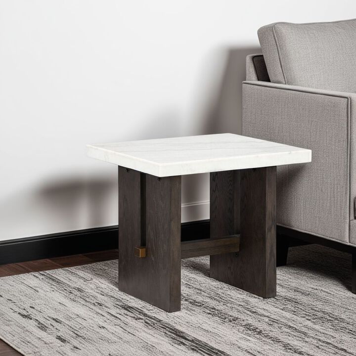 Haus Side End Table, Marble Top, Panel Legs, 26 Inch Brown Solid Wood