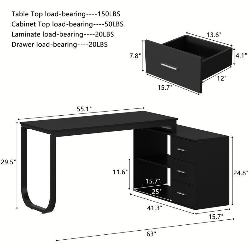 55.1 in. L-Shaped Black Wood Computer Desk Writing Desk Office Executive Desk With Removable Tabletop, Shelves 3-Drawers