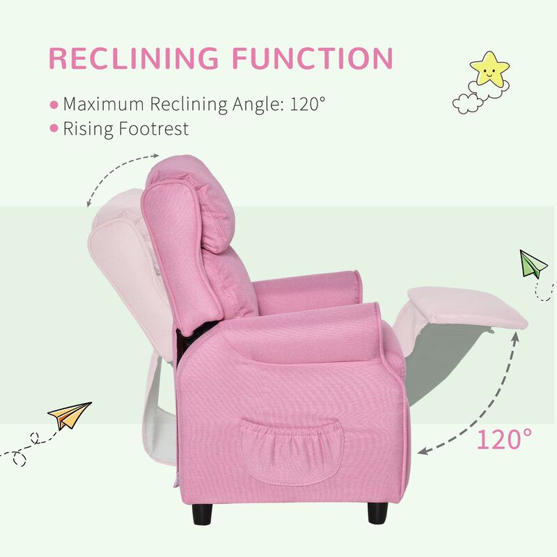 Kids Recliner Chair Children Sofa Angle Adjustable Single Lounger Armchair Gaming Chair with Footrest 2 Side Pockets for 3-5 years, Light Pink