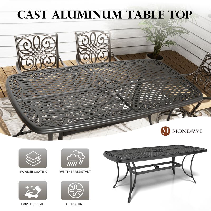 Mondawe 72.6 in Waterproof Rectangle Cast Aluminum Hollow Grid Dining Table with 2.1 in Umbrella Hole