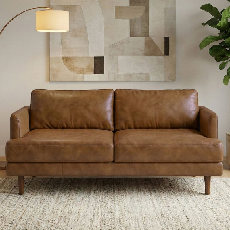 Livingston 76 inch Wide Mid-Century Modern Sofa in Caramel Brown Top Grain Genuine Leather image number 1