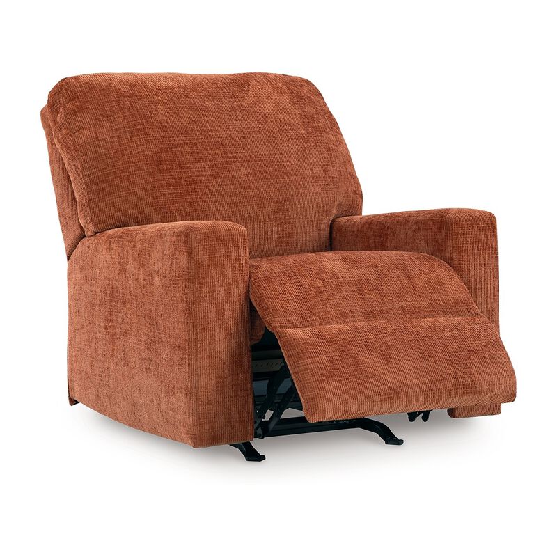 Avie Rocker Recliner Chair, Gentle Motion, Burnt Orange Polyester - Benzara