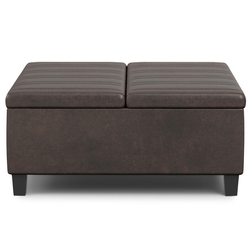 Ellis 36 inch Wide Contemporary Square Coffee Table Storage Ottoman in Distressed Brown Vegan Faux Leather, Assembled