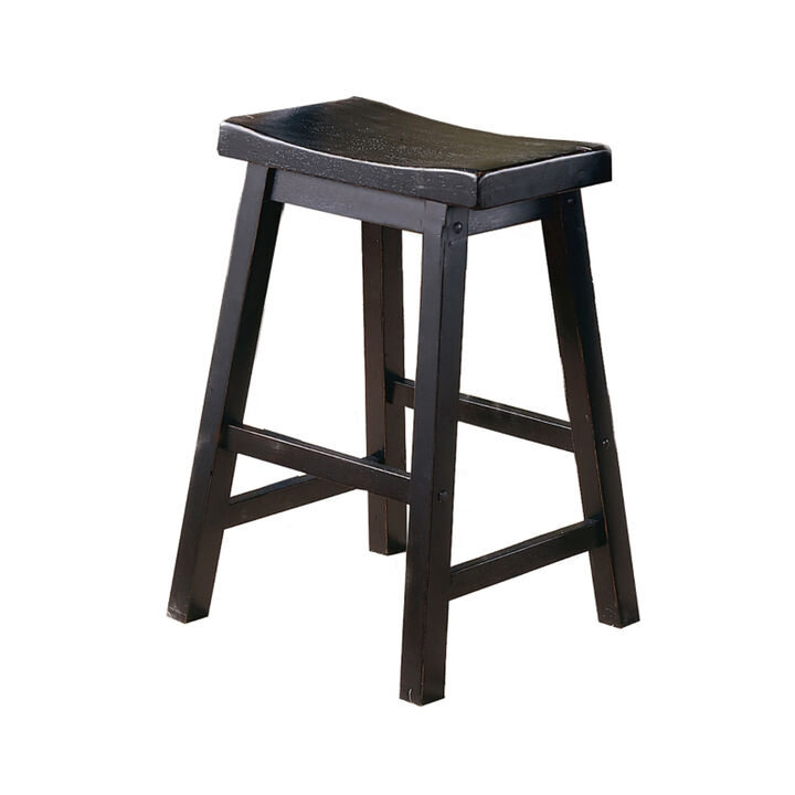 Wooden 24" Counter Height Stool with Saddle Seat, Black, Set of 2 - Benzara