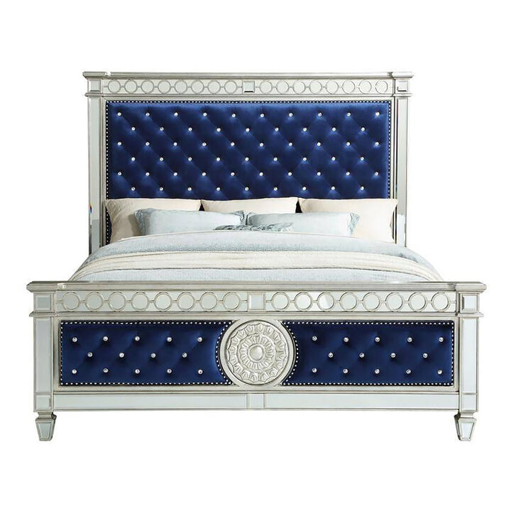 Queen Bed with Button Tufting and Mirror Trim, Black