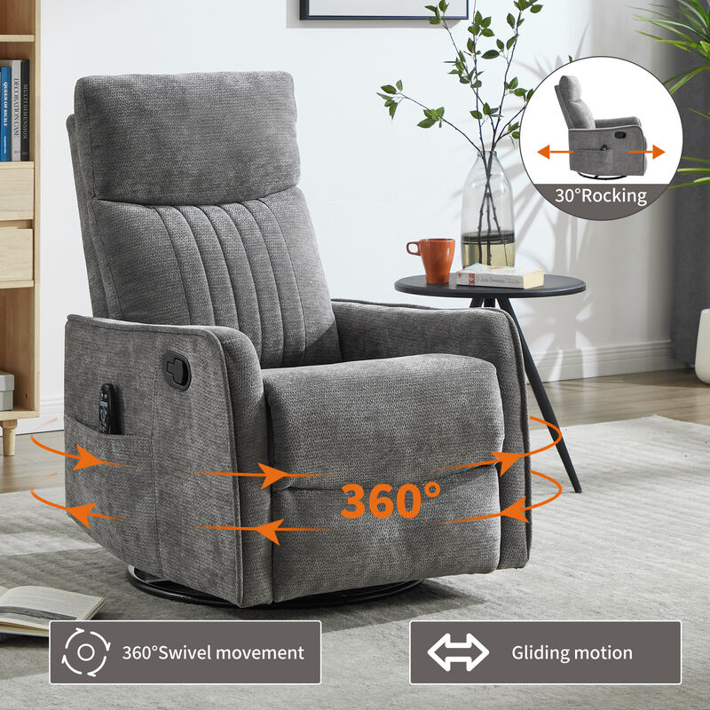 Heat Massage Manual Recliner Chair with Rocker and Swivel in Fabric for Living Room, Dark Grey