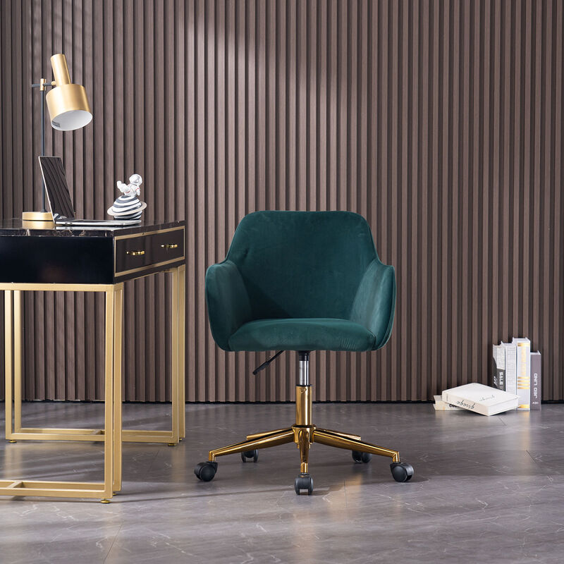 Modern Velvet Fabric Material Adjustable Height 360 revolving Home Office Chair with Gold Metal Legs and Universal Wheels for Indoor, Dark Green