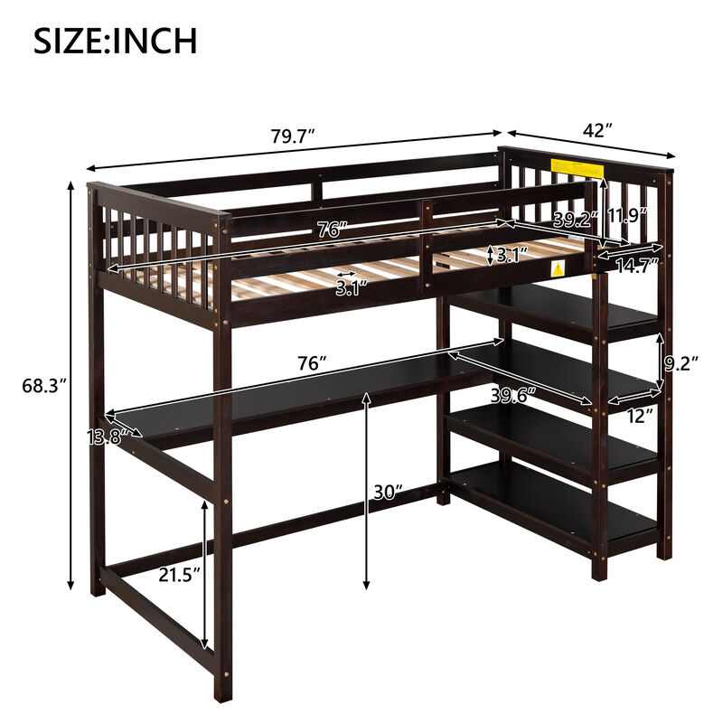 Merax Twin Size Loft Bed with Storage Shelves and Under-bed Desk