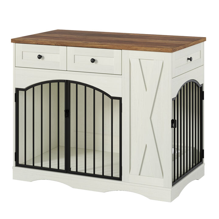 Whisen 43.3" Indoor Wooden Cabinets, Dog Kennel with 3 Drawers and Removable Feeder