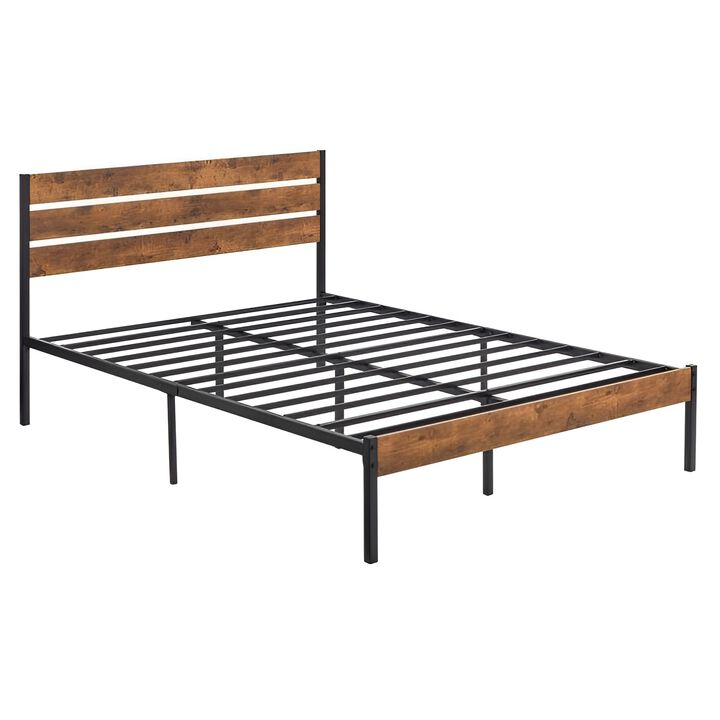 Industrial Metal Platform Bed Frame with Slatted Wood Headboard and Footboard &ndash; Stylish and Durable