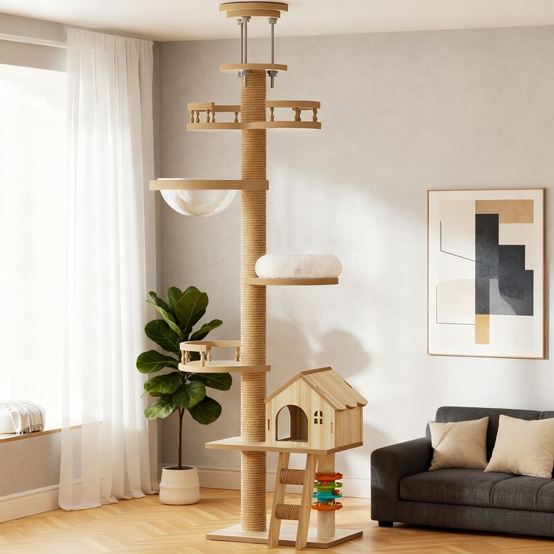 Floor to Ceiling Cat Tree with Adjustable Height Wood Condo Hammock and Scratching Post for Indoor Cats 98 to 110 Inch