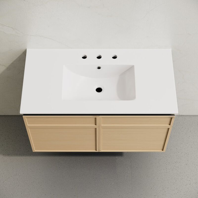36" Wall-Mounted Bathroom Vanity in Natural Oak with 3-Hole Widespread Sink Top image number 2