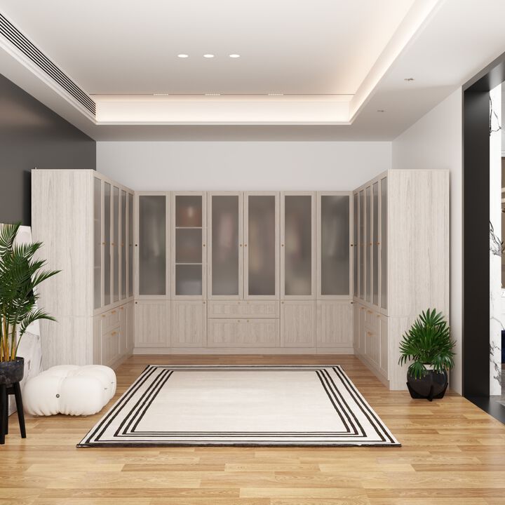 FUFU&GAGA Modular Wardrobe Closet System with Frosted Glass Doors, Gold Handles, Hanging Rods & Drawers,(133.4" W x 98.4" D x 70.9" H),White