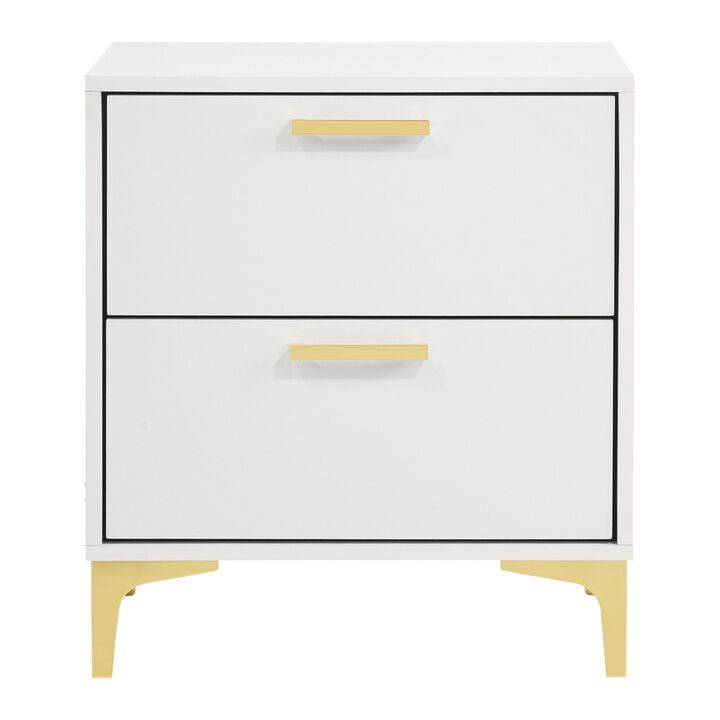 Lif 25 Inch Modern 2 Drawer Nightstand, Gold Metal Accents, Pure White - Benzara