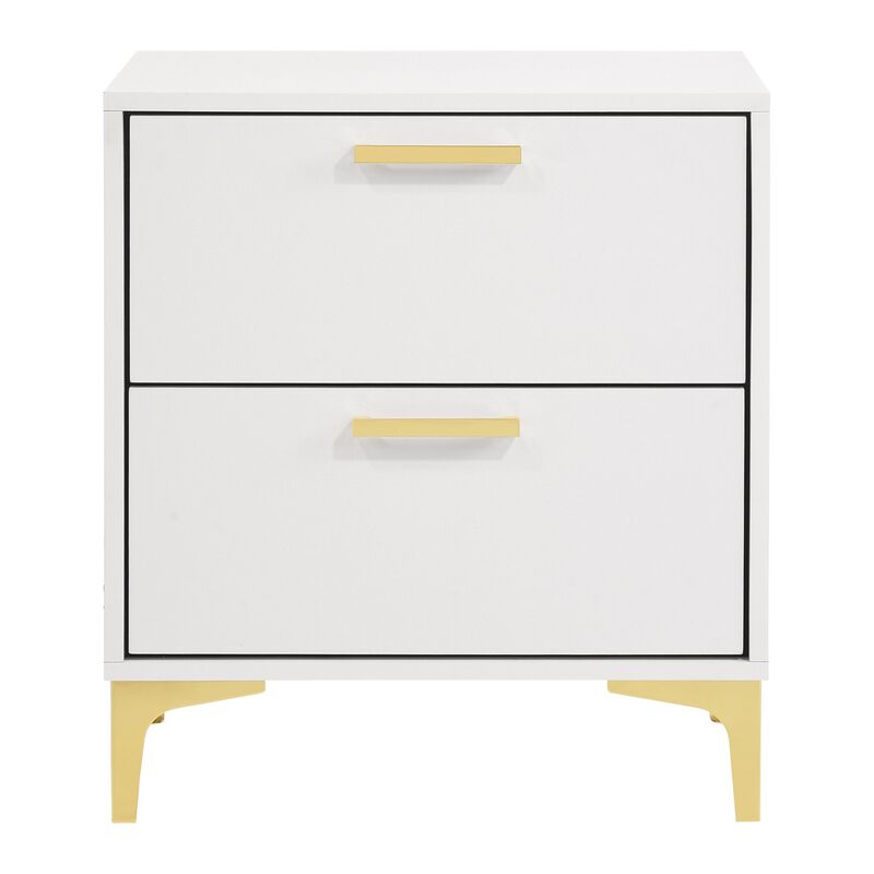 Lif 25 Inch Modern 2 Drawer Nightstand, Gold Metal Accents, Pure White - Benzara