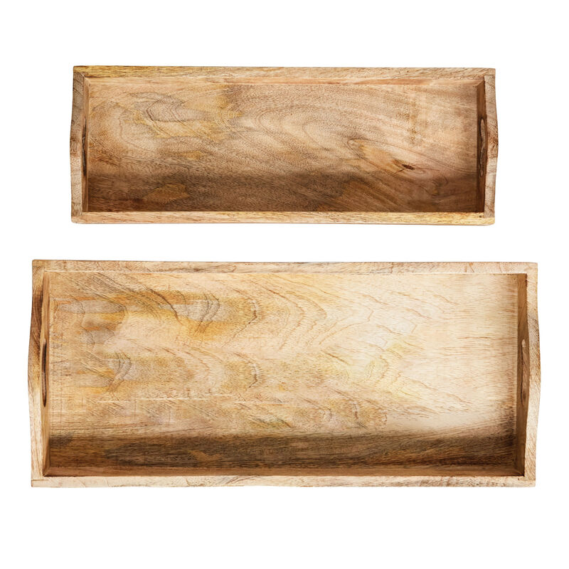 2-Piece Mango Wood Serving Trays with Handles, Natural image number 2