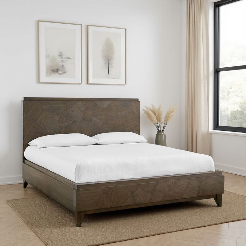 Dee Mahogany Wood Low Profile King Bed, Geometric Design, Oat Brown