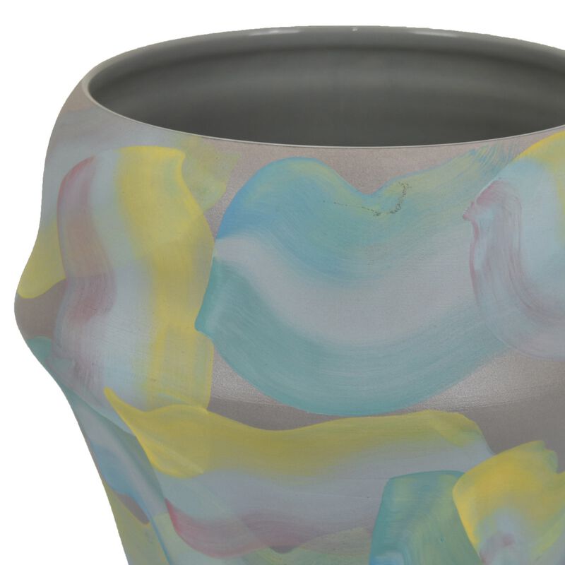 Accent Flower Vase, Brushstroke Pattern Blue Yellow Ceramic, 10 Inch - Benzara