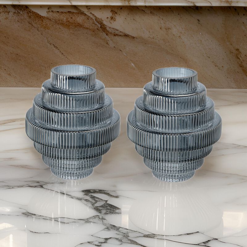 Rae Set of 2 Glass Vases, Geometric Round, Smokey Blue and Clear Finish - Benzara