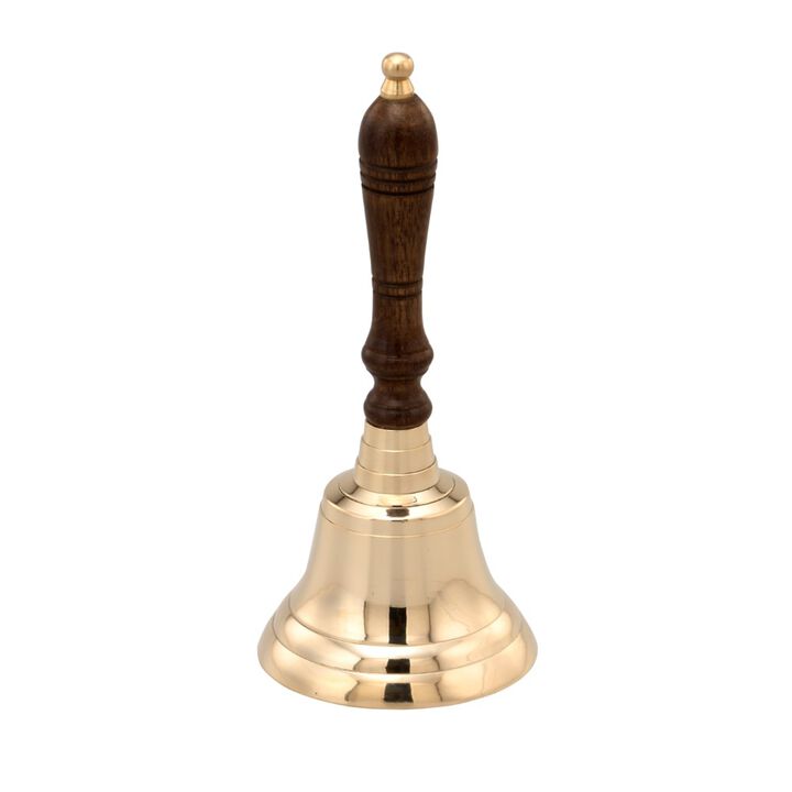 Handcrafted Brass Hand Bell With Wooden Handle, Gold and Brown-Benzara