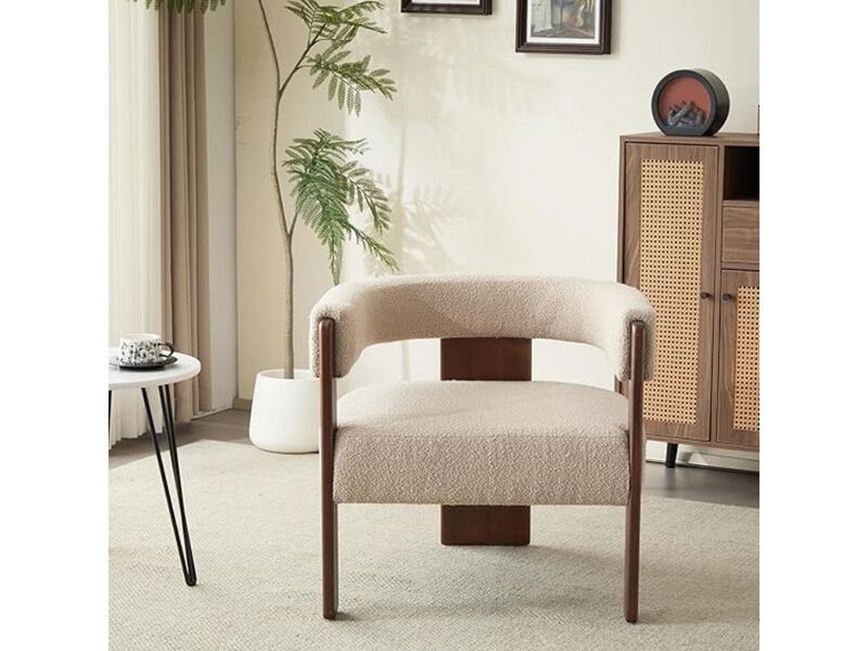 Accent Chair &ndash; Dark Beige Boucle Barrel Armchair with Cushion & Wooden Frame, Nettie image number 2