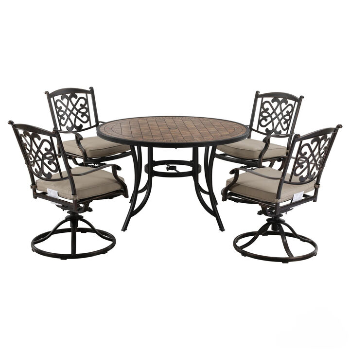 Mondawe 5 Piece Patio Dining Set with A Round Dining Table and 4 Cast Aluminum 360-degree Swivel Chairs with Cushions