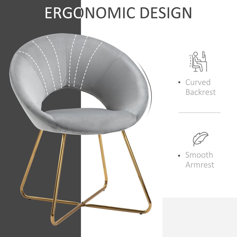 Grey Velvet Accent: Modern Curved Chair with Gold Metal Legs