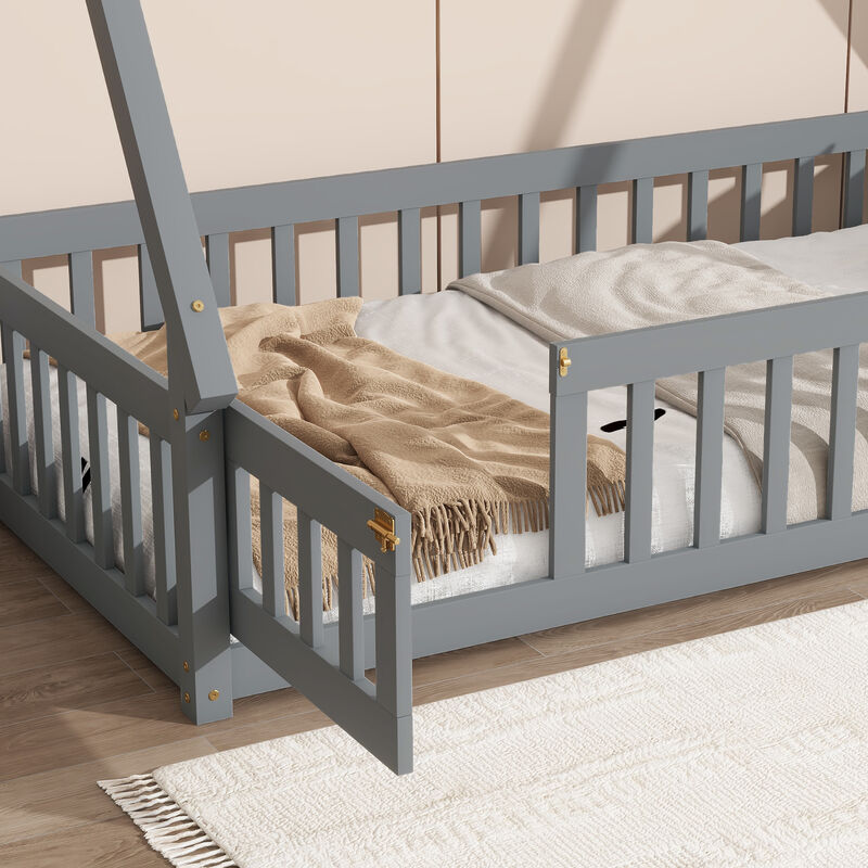 Whisen Wooden Teepee Tent Bed with Guardrails and Slats, Twin Floor Bed with Door for Kids image number 4