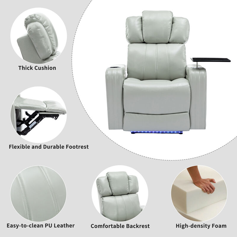 Whisen PU Leather Power Recliner with Cup Holder, Bluetooth Speaker, LED Lights, USB Ports, Tray Table and Arm Storage