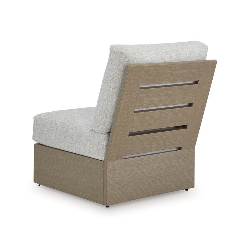 Isle Outdoor Armless Chair, Gray Cushion, Woodlike Brown Metal Frame - Benzara