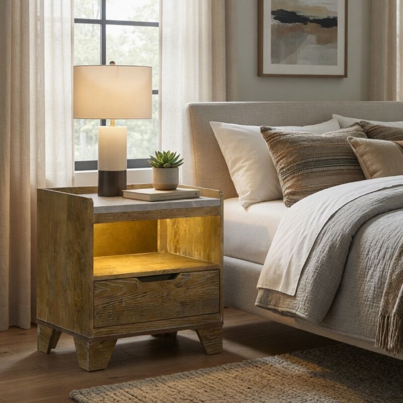 Nolan Nightstand with LED Cubby, Drawer and Marble Top, Brown Wood image number 1