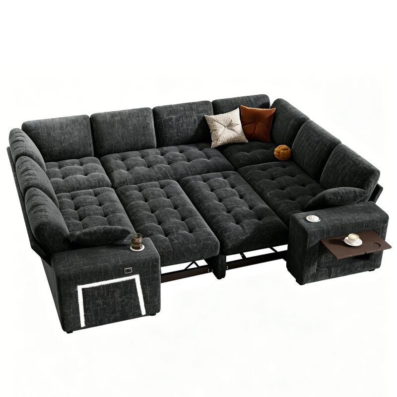Vipbear 110" Modular Sectional Sleeper Sofa, 8-Seater Chenille U-Shaped Couch with Pull-Out Beds image number 0