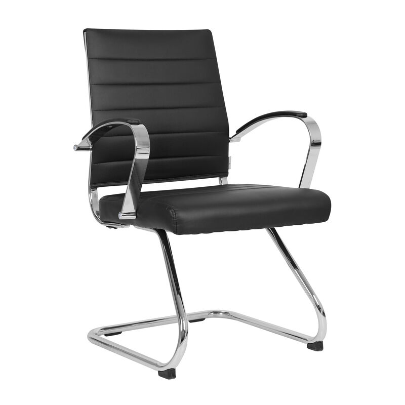 LeisureMod Benmar Guest Office Chair, Ribbed Leather Upholstery with Chrome Arms and Sled Base, Modern Desk Seating for Home or Conference Room