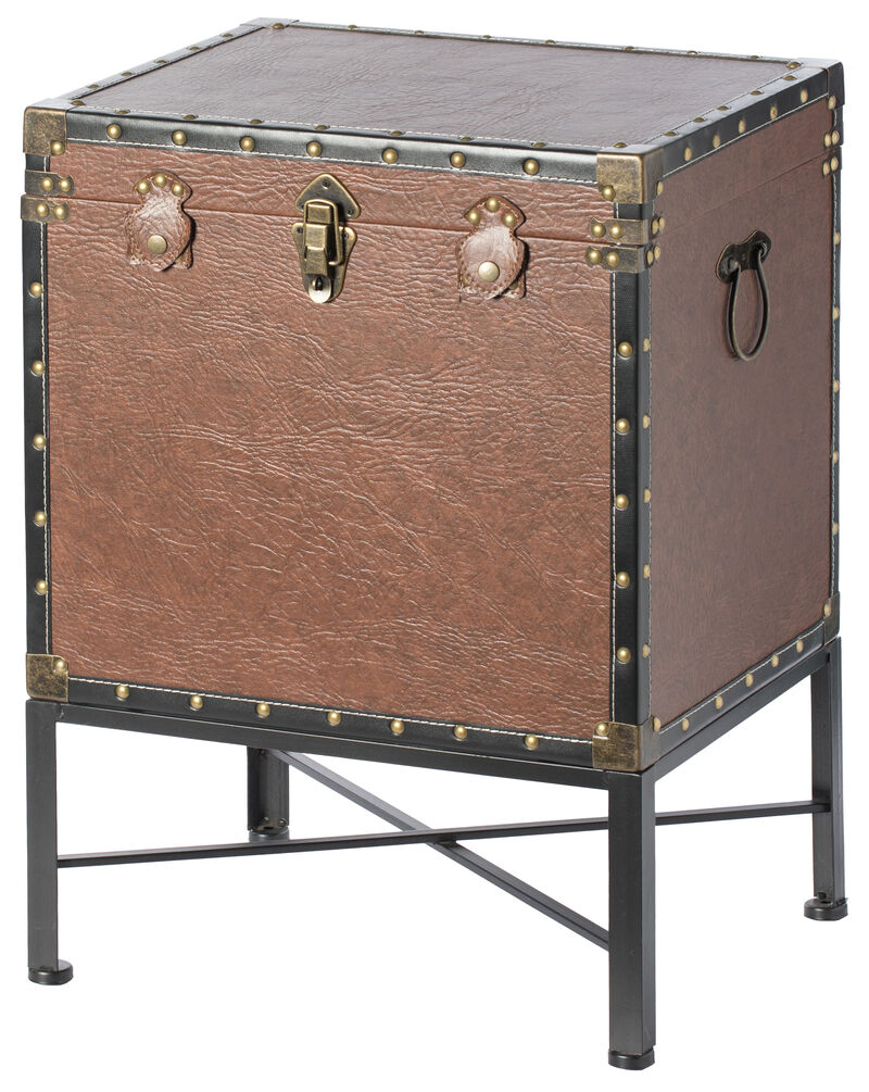 Silver and Brown Trimmed Faux Leather Lockable Square Lined Storage Trunk, End Table on Metal Stand