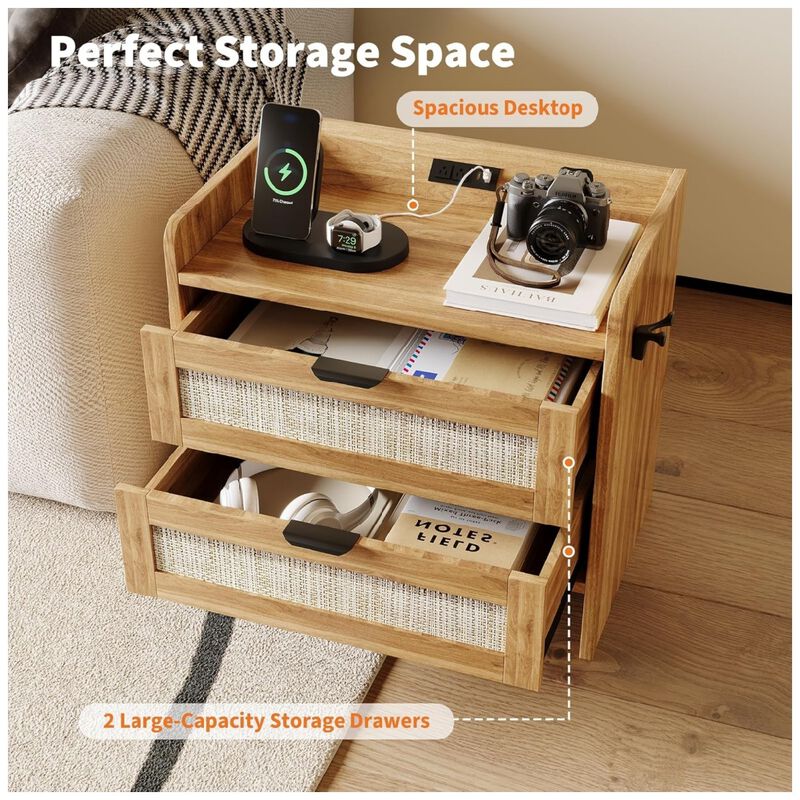 Rattan Nightstand, Bedside Table with Type-C Charging Station - 2 Storage Drawer Space, Boho End Table Side Table, Walnut Brown 1pcs image number 4
