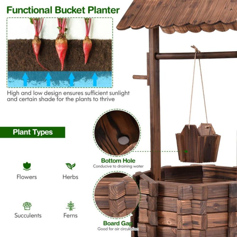 Hivvago Outdoor Wooden Wishing Well Planter Bucket