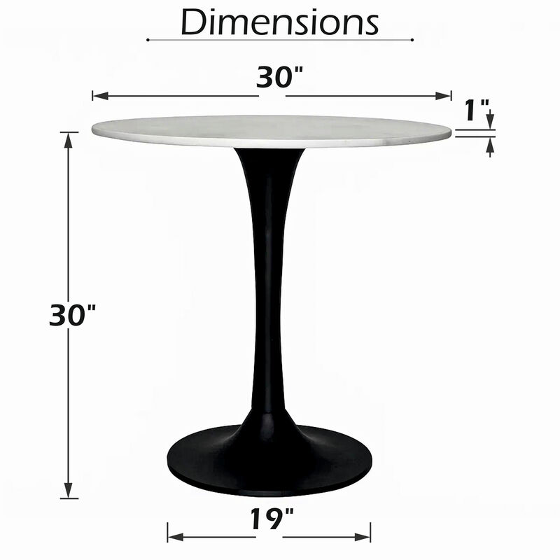 Mara Dining Table | 30 Inch Round White Genuine Marble Top | Black Metal Tulip Padestal Base