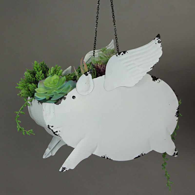Metal Distressed White Flying Pig Hanging Planter Set Large & Small Flower Pots image number 6