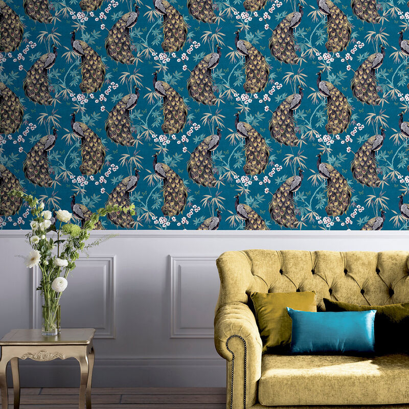 Takara Teal Opulent Peacock Wallpaper image number 2